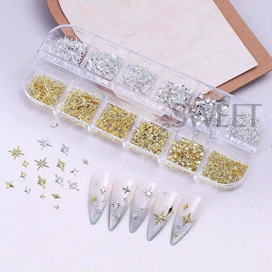 12 grilles or argent étoiles breloque pour ongles 3D métal Rivet étoile Nail Art décoration Y2K Styl