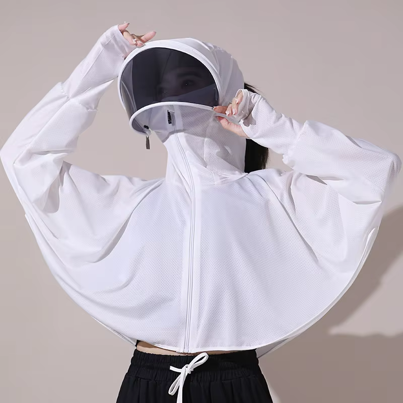 Blouse d'été pour femme, protection UV extérieure, respirante, en soie glacée fine, type cape et smo