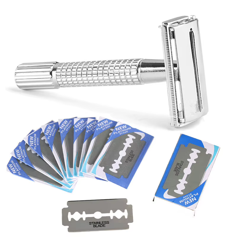 Rasoir manuel classique en acier inoxydable à double tranchant pour hommes, rasoir de barbier avec 1