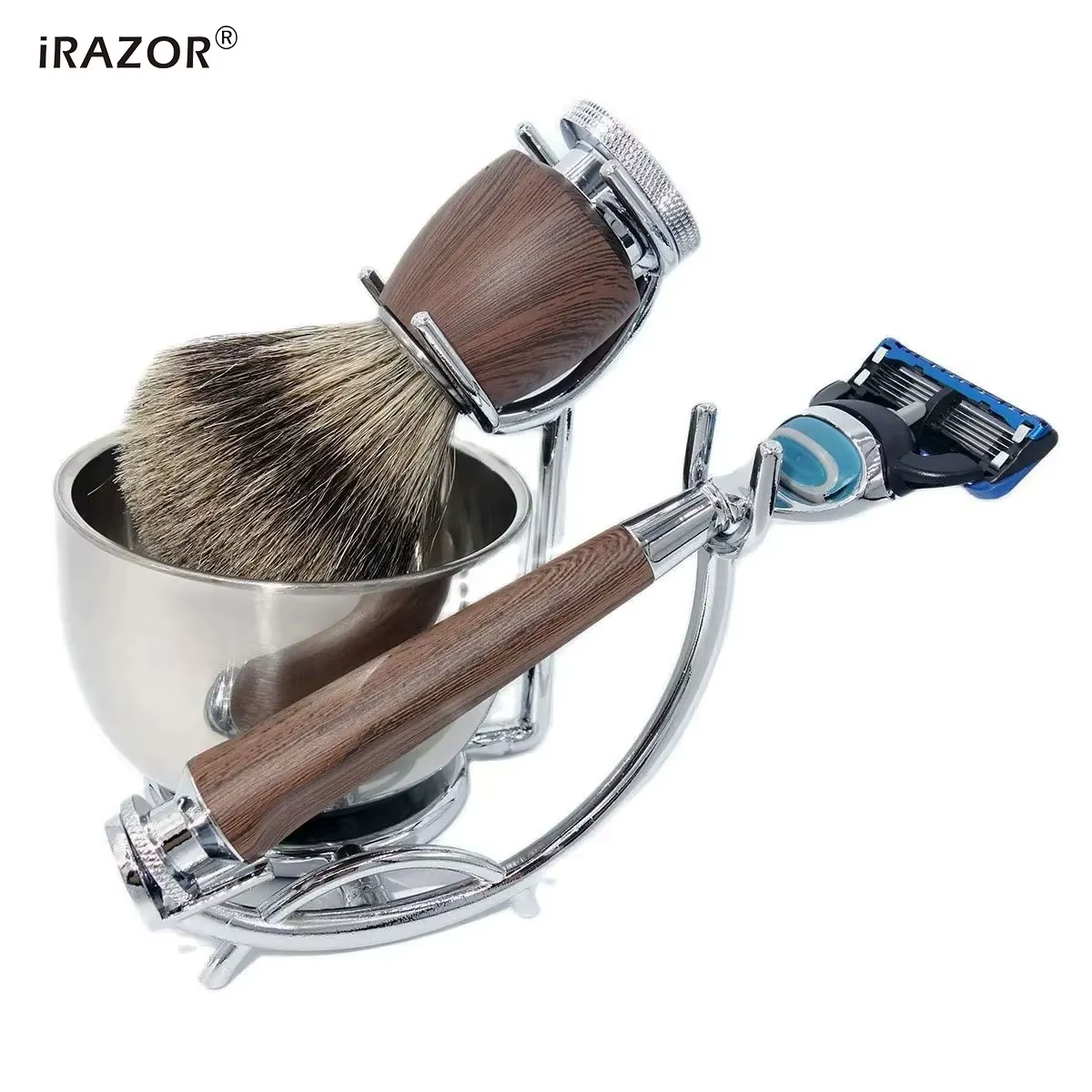 IRAZOR-Kit de rasage professionnel KT5 avec brosse blaireau naturelle, rasoir RosFrederick Mars étan