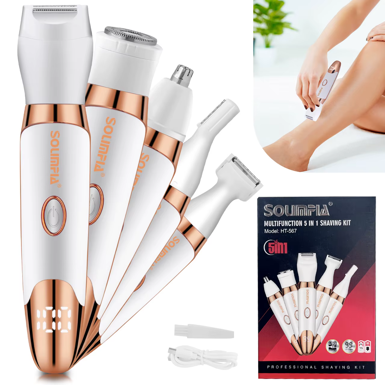 Solimpia Épilateur et tondeuse 5 en 1 pour femme, appareil d'épilation rechargeable pour corps, biki
