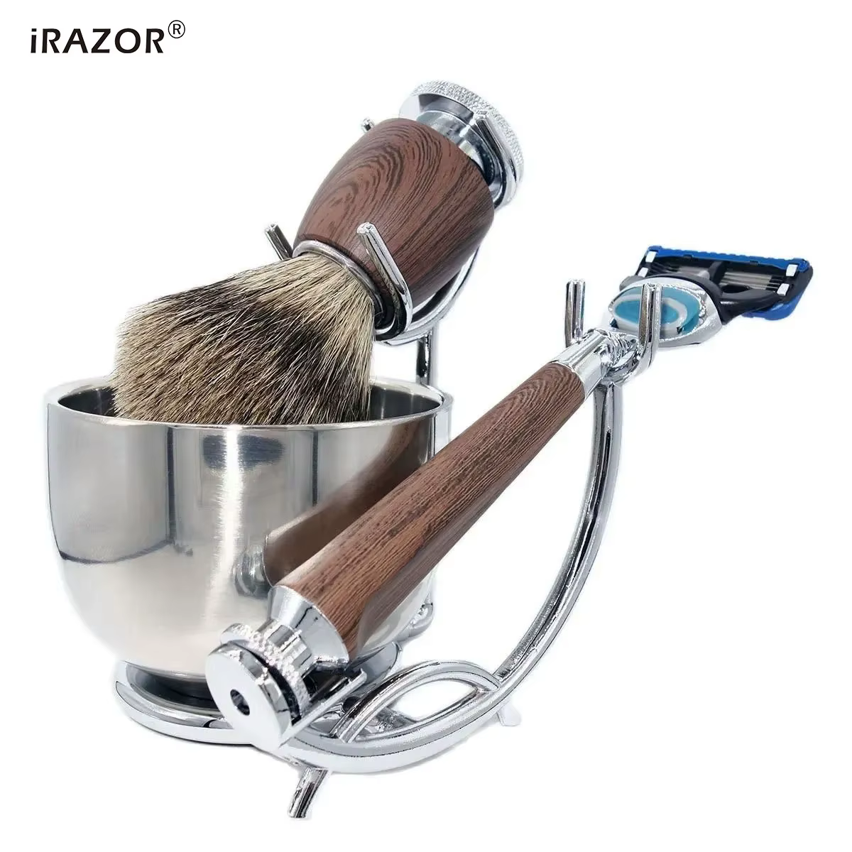 IRAZOR-Kit de rasage professionnel KT5 avec brosse blaireau naturelle, rasoir RosFrederick Mars étan