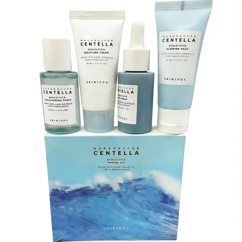 Kit de Voyage Centella HyaluCica, Tonique Éclaircissant, Sérum Ampoule Bleue, Masque de Nuit et Crèm