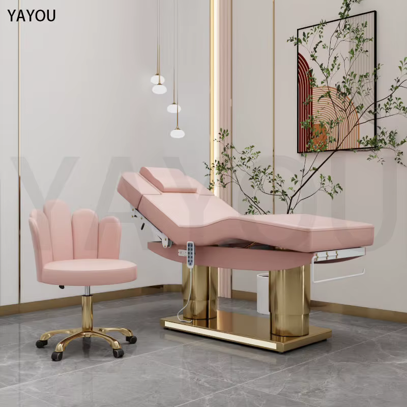 Lit de massage de beauté en cuir rose à 4 moteurs de luxe avec base en acier inoxydable à double cyl