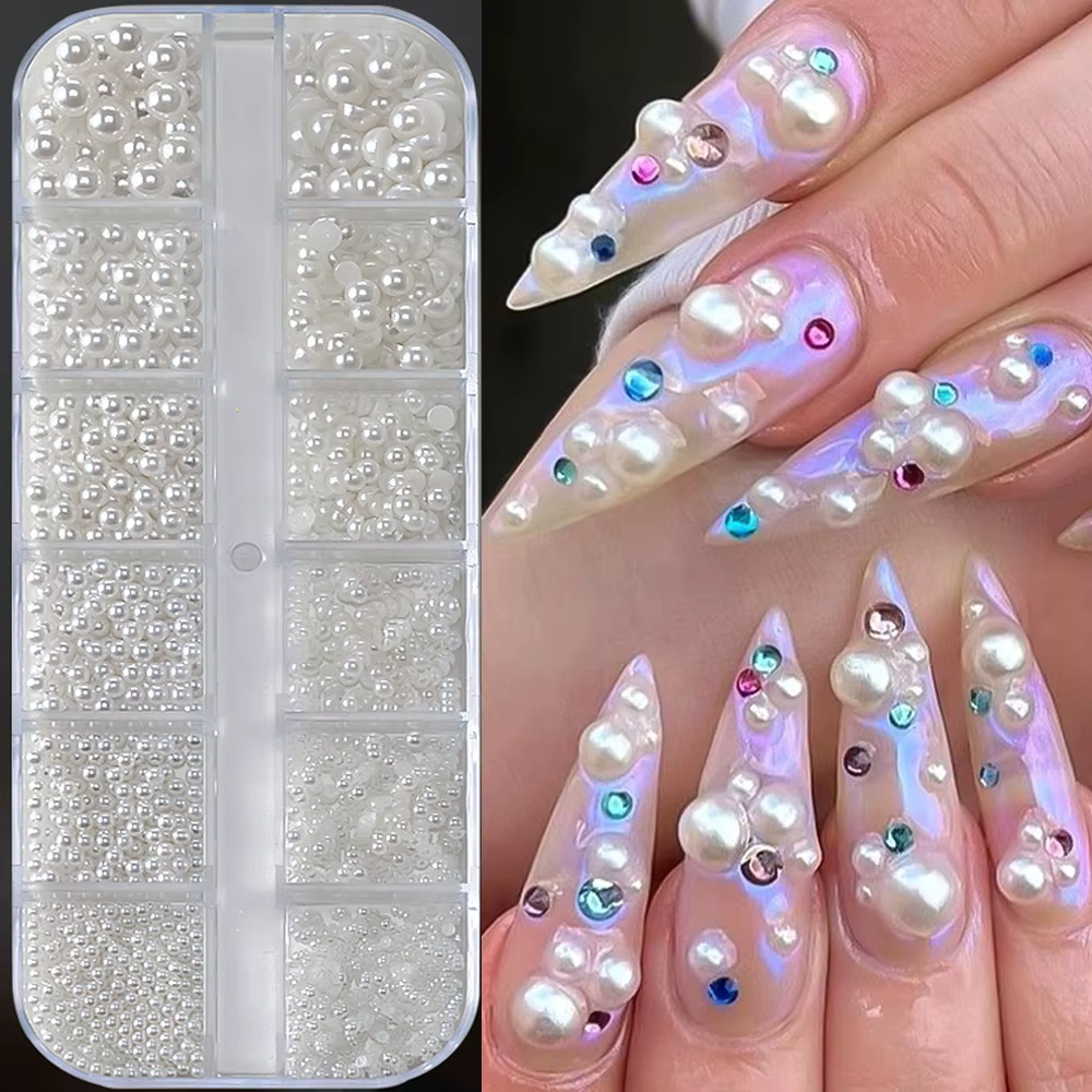 12 grilles mixtes de perles blanches pour ongles, breloques rondes ou demi-cercles 3D, strass pour N