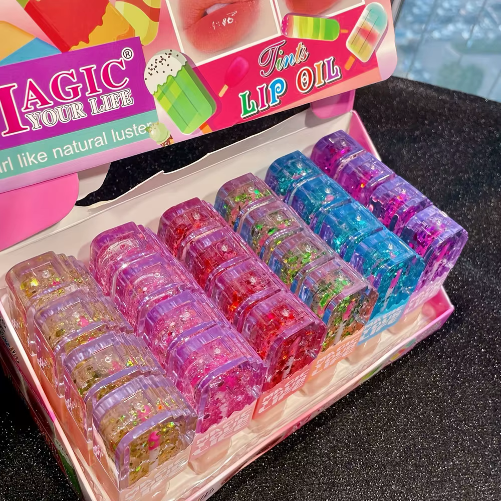 24 pièces mignon chat paillettes huile pour les lèvres forme d'amour coloré brillant à lèvres filles
