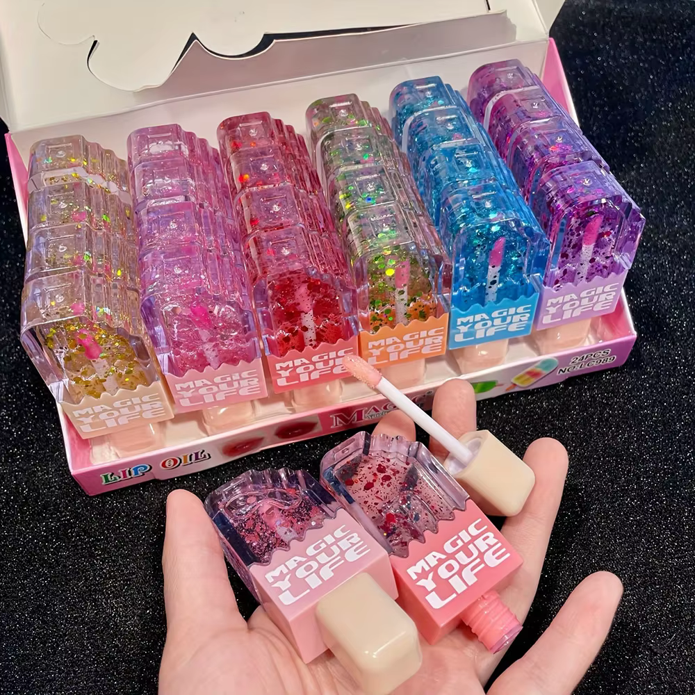 24 pièces mignon chat paillettes huile pour les lèvres forme d'amour coloré brillant à lèvres filles