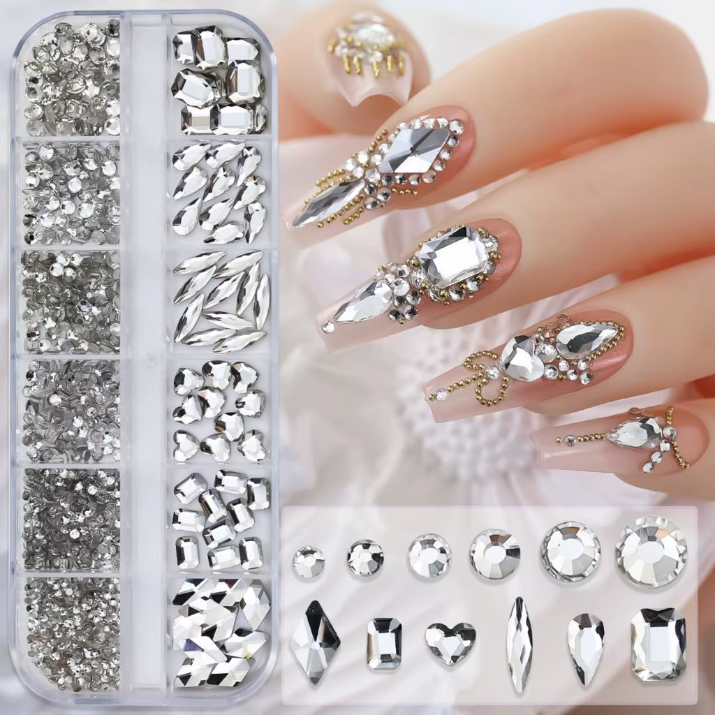 12 grilles rose mixte ongles strass luxe ongles breloques paillettes cristal bijoux gemmes Nail Art 