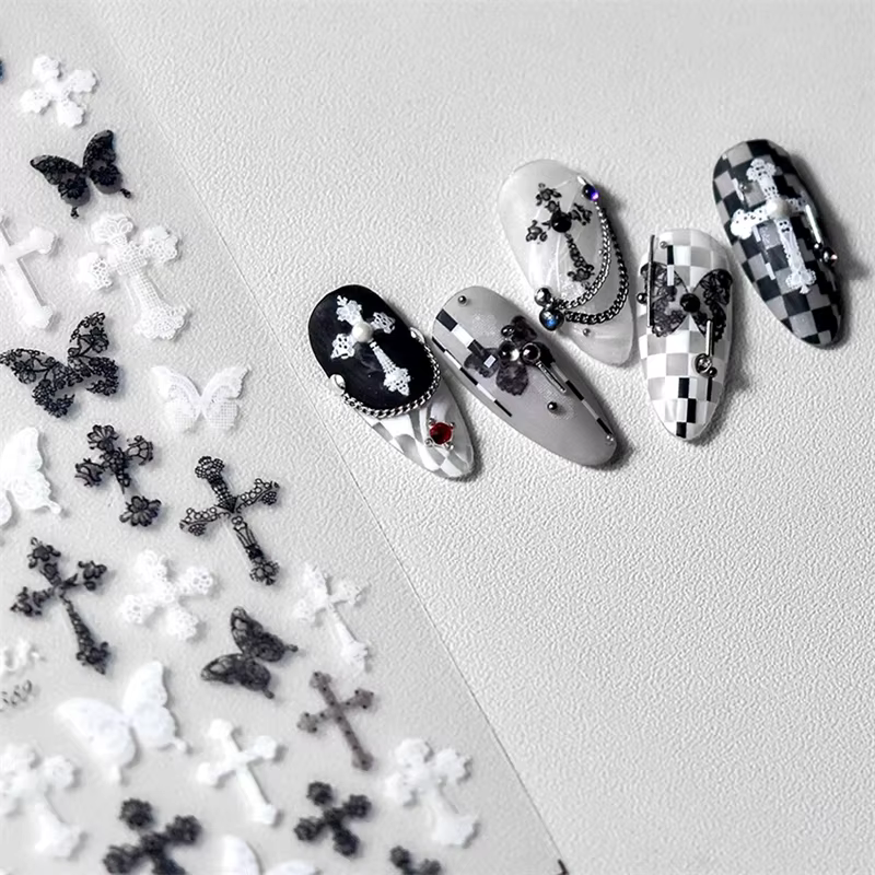 Femme Sexy noir blanc dentelle papillon croix 5D doux en relief Relief auto-adhésif Nail Art décorat