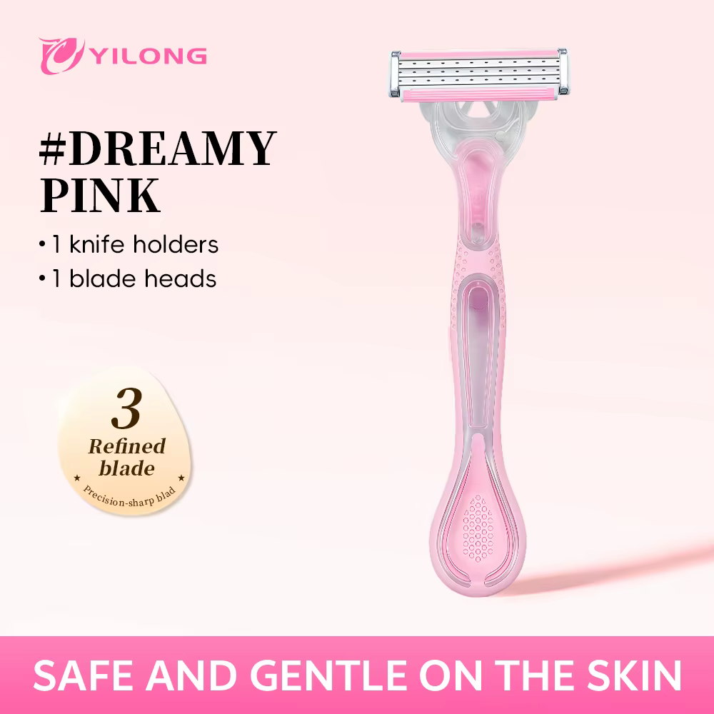 Rasoir à 3 lames pour femmes Yilong, rose rêve, 1 manche + 1 tête de rasoir, adapté à une utilisatio