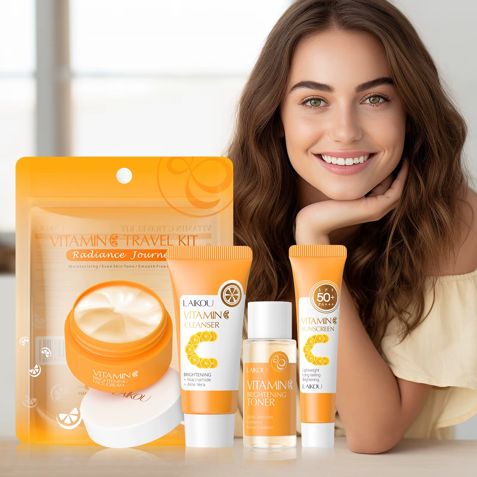 LAIKOU – ensemble de voyage à la vitamine C, 4 pièces, Mini Kit éclaircissant hydratant, même le tei