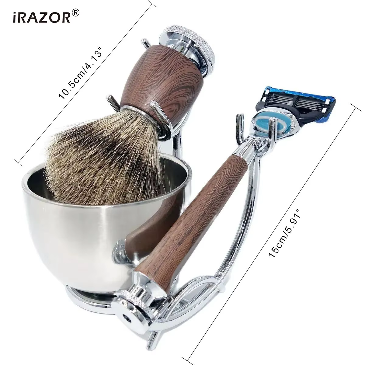 IRAZOR-Kit de rasage professionnel KT5 avec brosse blaireau naturelle, rasoir RosFrederick Mars étan