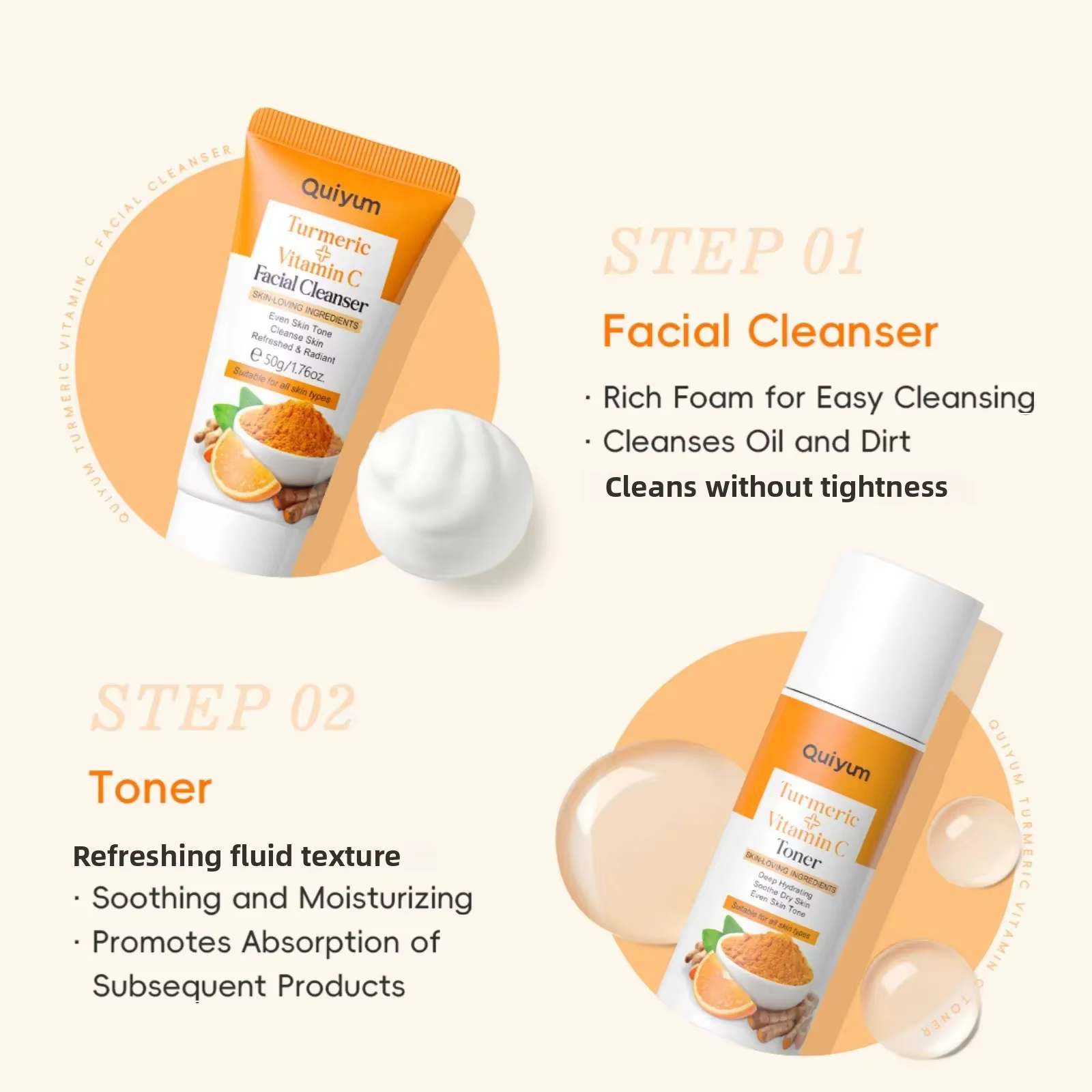 Kit Facial au curcuma à la vitamine C, raffermissement hydratant, ensemble de 5 pièces, Toner de lav