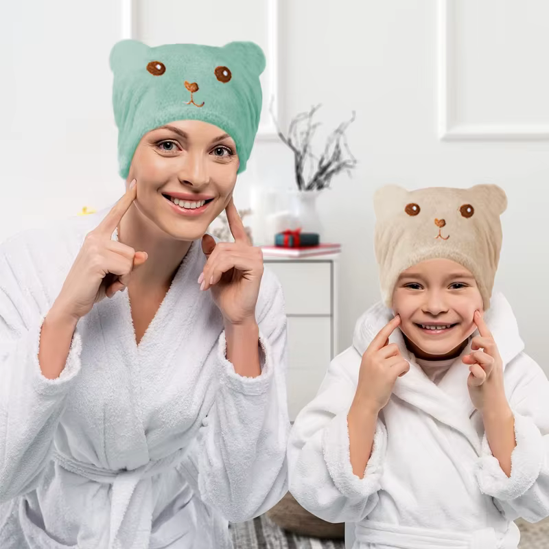 Bonnet pour cheveux secs pour femmes – Microfibre épaisse douce et absorbante, légère, à séchage rapide, broderie d'ours mignon, serviette de pomme de douche