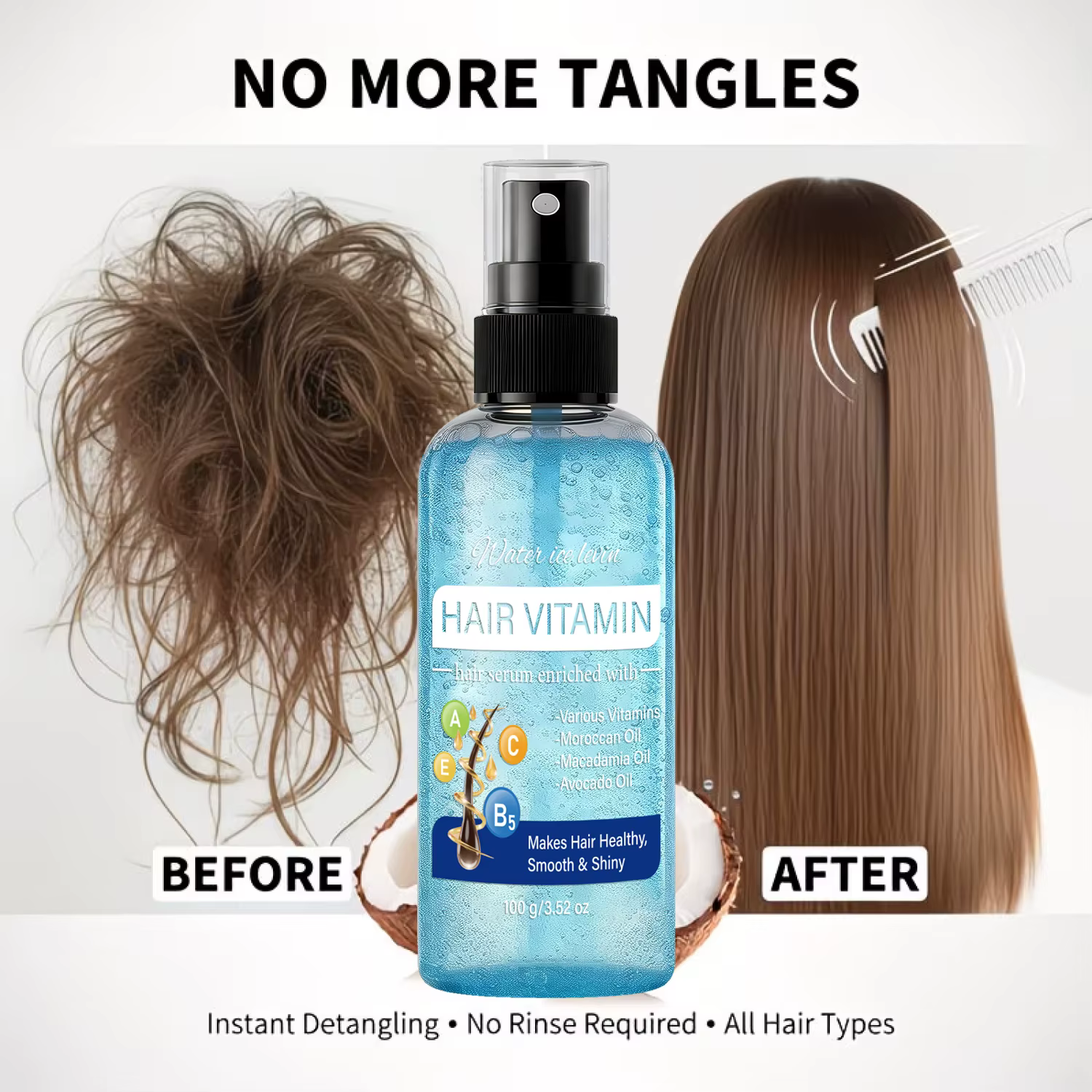 Sérum capillaire vitaminé avec huile d'argan, de macadamia et d'avocat, spray nourrissant pour des cheveux lisses, brillants et sains, soin des cheveux secs, 100g