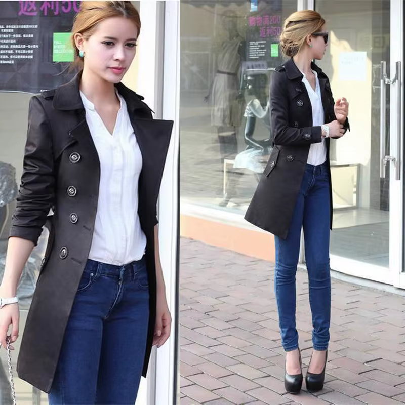 Manteau coupe-vent longueur moyenne pour femme, marron, noir, bouton, printemps, automne, étroit, ouc3385