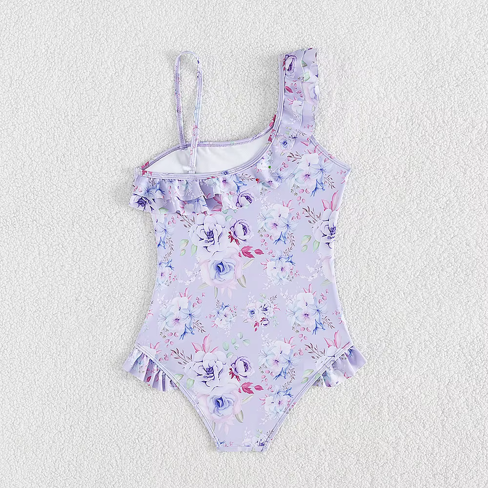 Maillot de bain une pièce pour adolescentes de 5 à 14 ans, imprimé Floral, à volants, manches volantes, vêtements de plage violets pour filles, été
