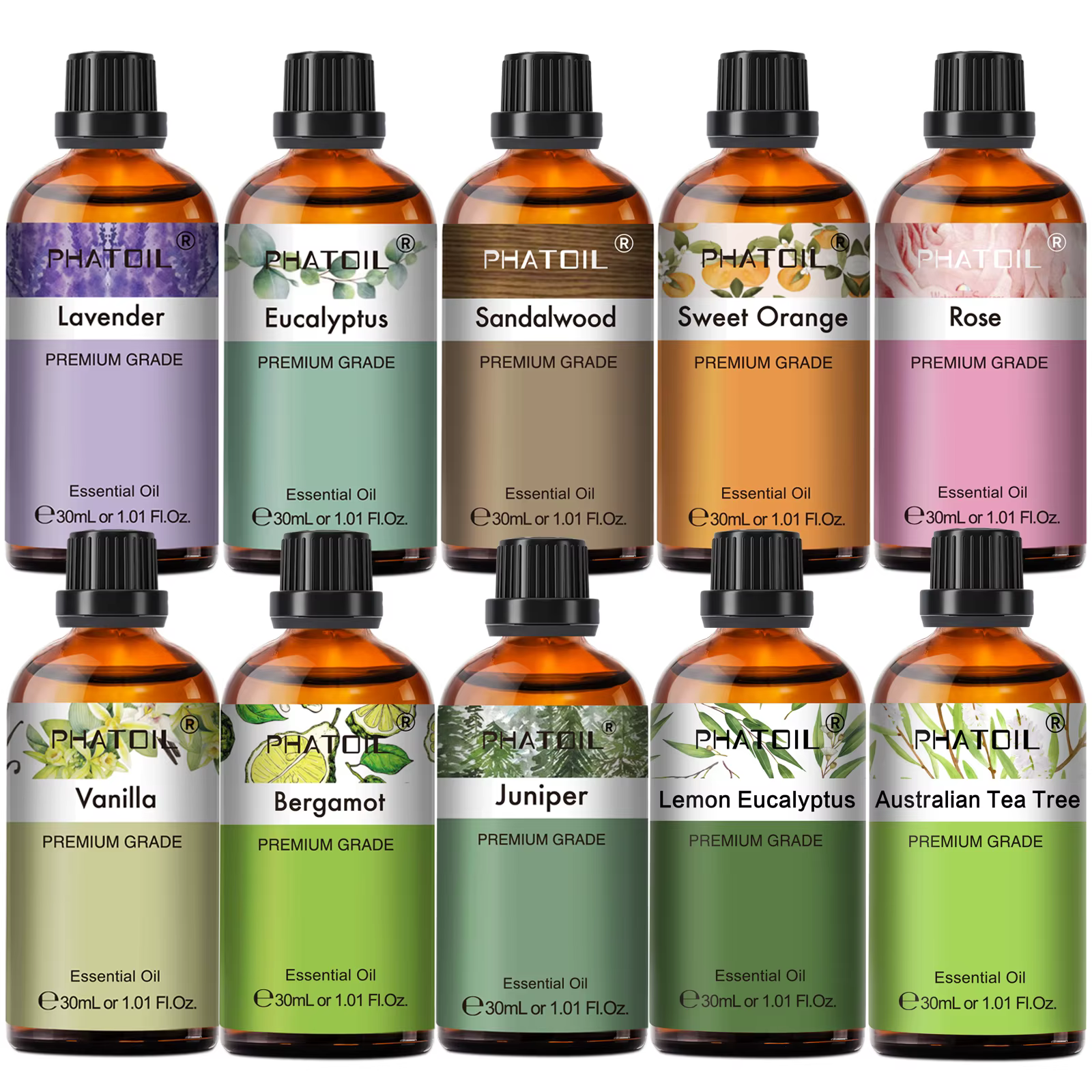 PHATOIL 1 pièces huile essentielle d'aromathérapie 30ml citron Eucalyptus lavande bergamote jasmin jiépro Rose vanille