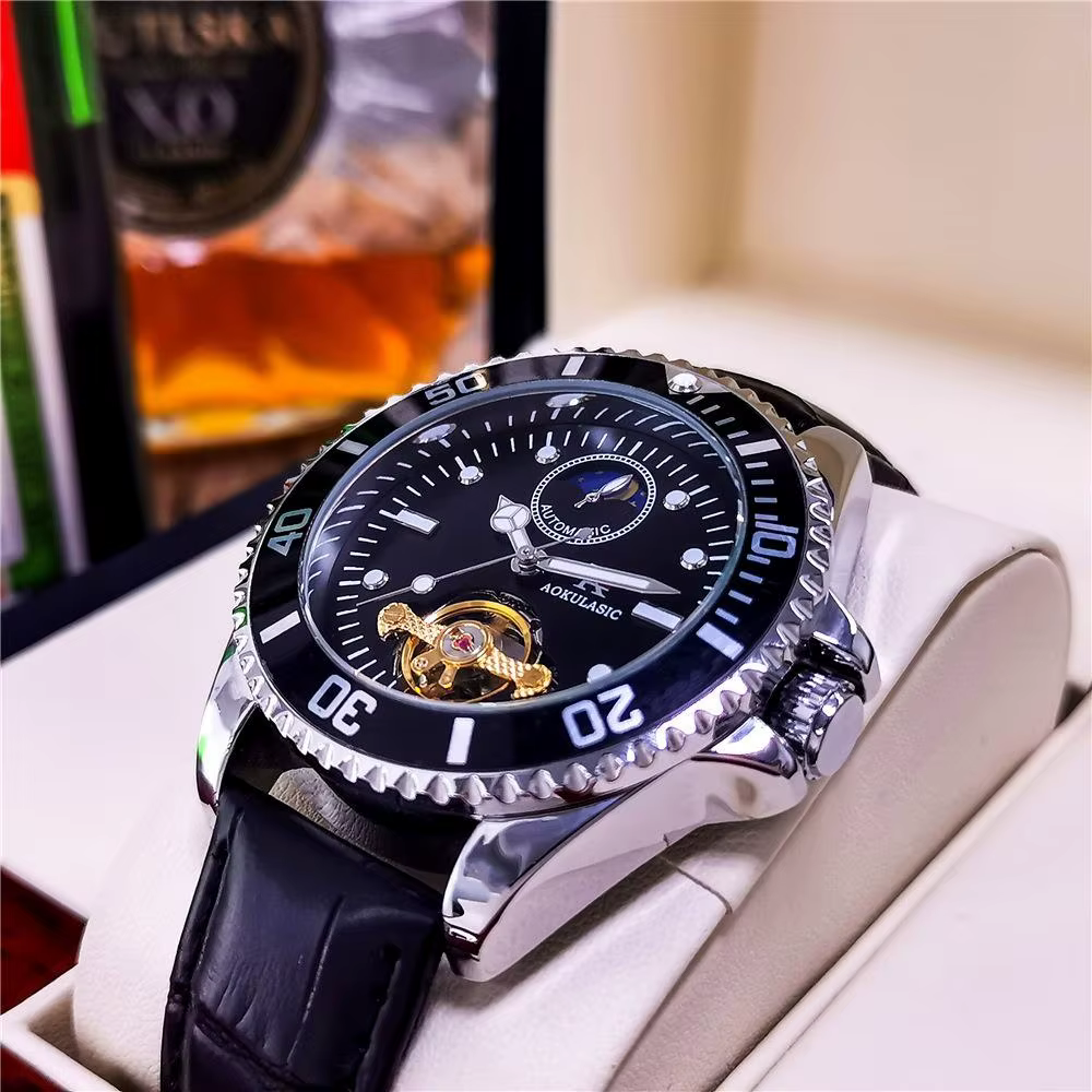 Montre mécanique pour hommes de la série Luxe, remontage automatique, design squelette, cadran rond, bracelet en cuir, mode haut de gamme, décontractée, montre polyvalente pour hommes, le meilleur cad