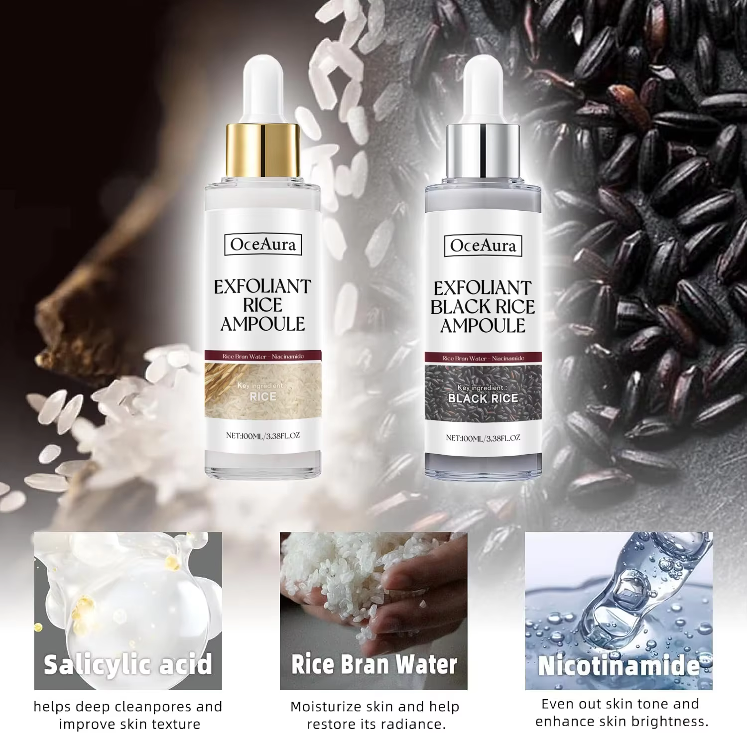 Essence exfoliante de riz noir et blanc, dissolvant de peau morte, réapprovisionnement brillant pour le visage, rétrécissement des pores, acide hyaluronique, sérum éclaircissant