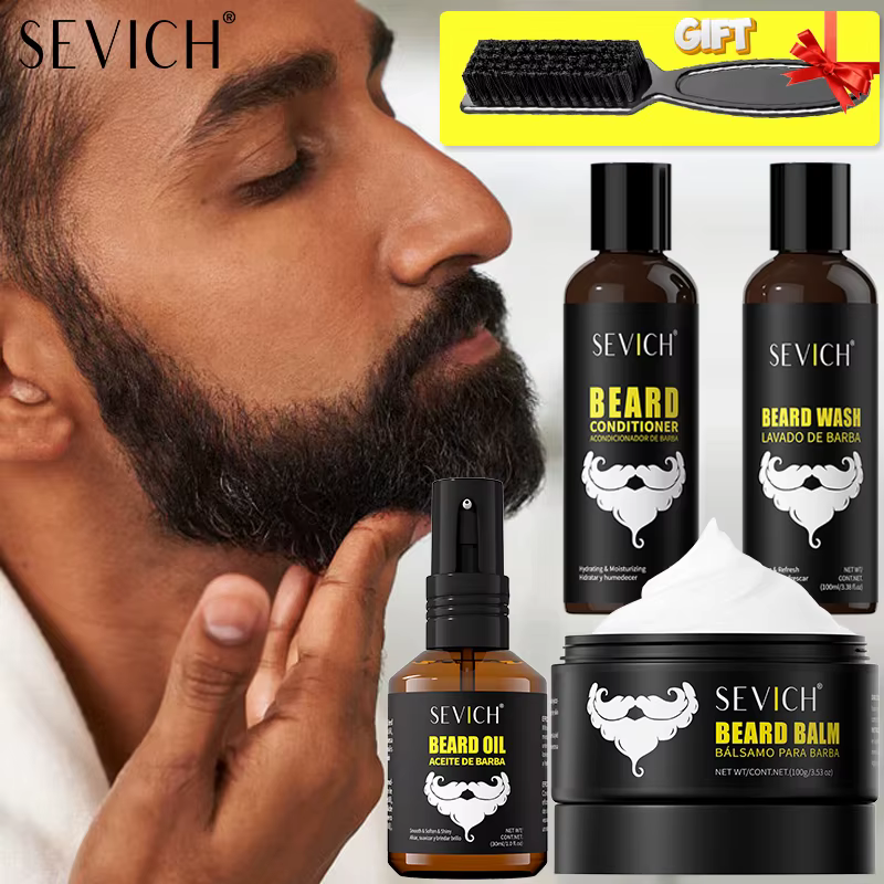 Kit de croissance de barbe naturelle pour hommes, huile de soin épaississante, crème hydratante pour barbe, cire, shampoing, après-shampooing, coiffant
