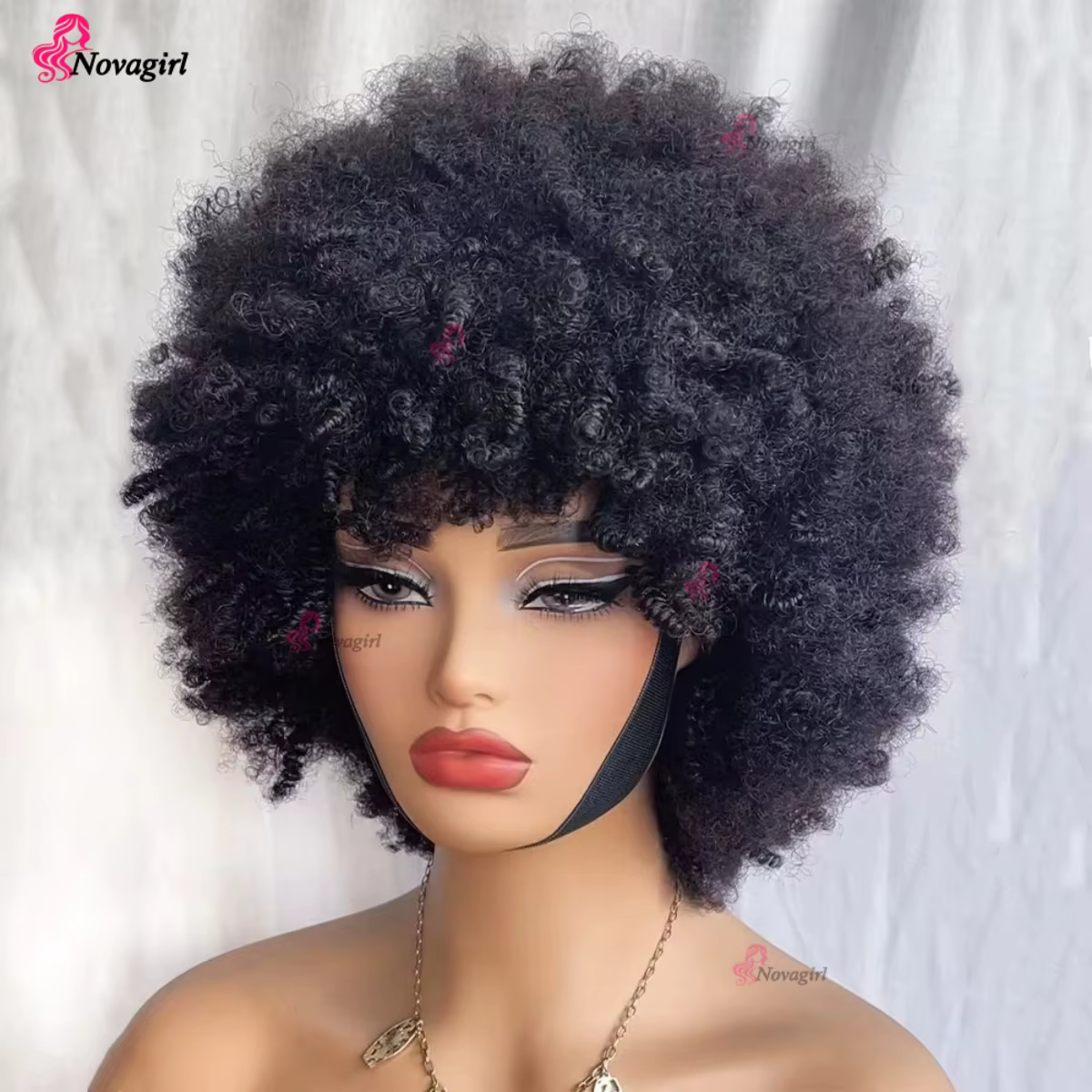 Perruque afro des années 70 pour femmes, perruque afro courte bouclée crépue noire naturelle, perruque sans colle avec frange, perruque afro volumineuse et rebondissante