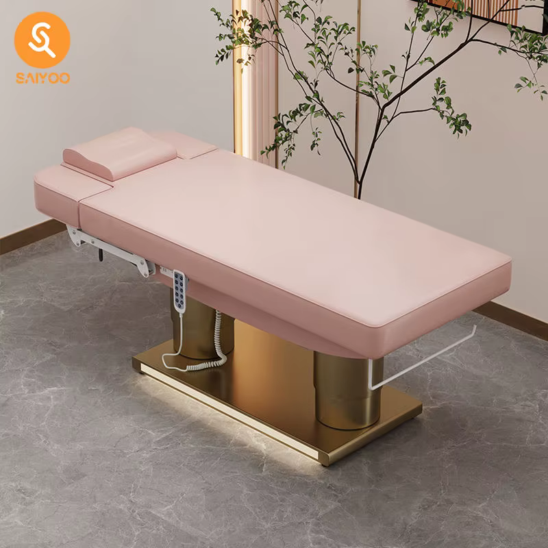 Lit de massage de beauté en cuir rose à 4 moteurs de luxe avec base en acier inoxydable à double cylindre