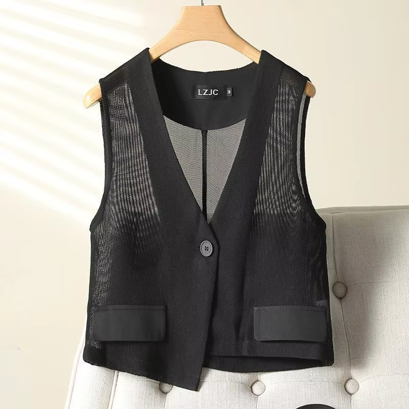 2026 Vêtements Femme Été Débardeur Court en Gaze Transparente Col en V Sans Manches Tendance Chalecos Para Mujer