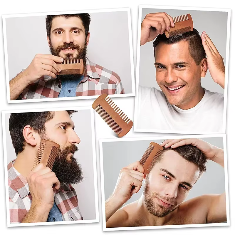 Peigne à barbe en bois pour hommes avec étui en cuir