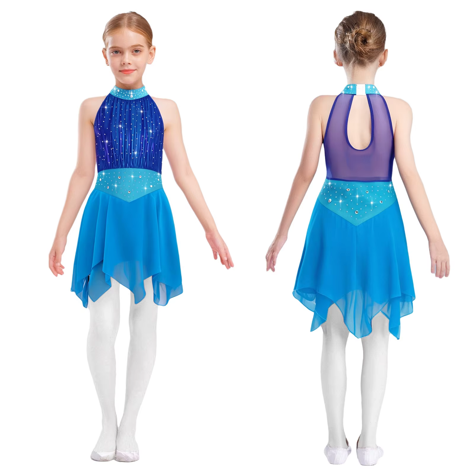 Robe de gymnastique pour adolescentes, patinage artistique, danse lyrique, sans manches, strass brillants, maille transparente, ourlet en mousseline de soie, robes justaucorps