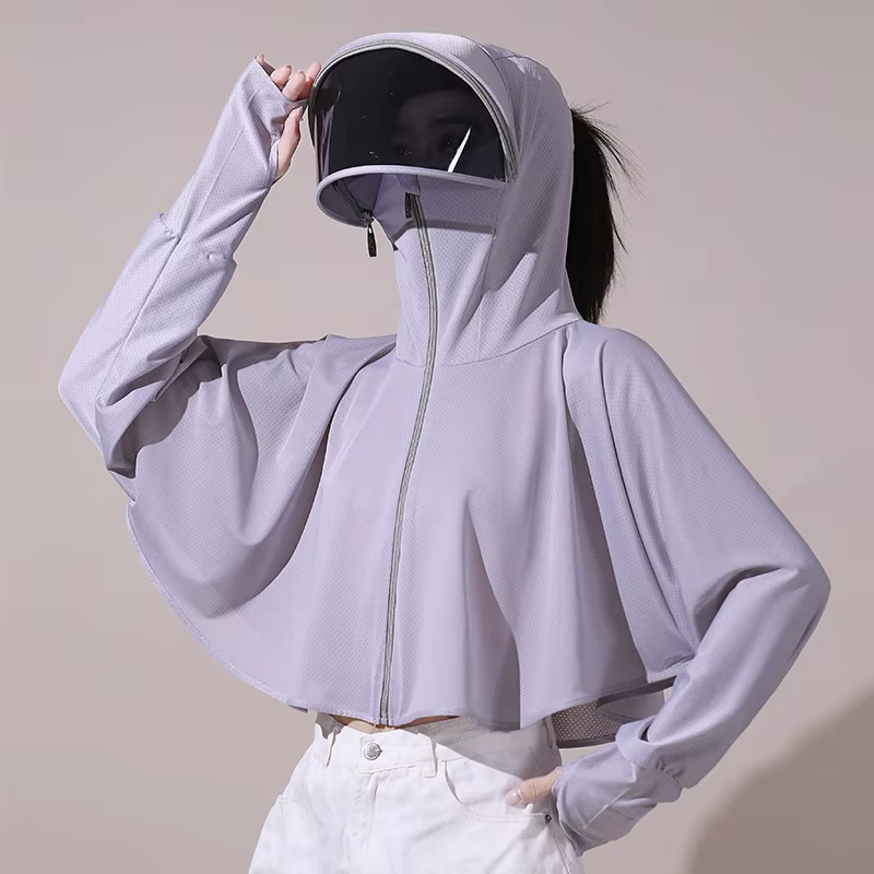 Blouse d'été pour femme, protection UV extérieure, respirante, en soie glacée fine, type cape et smock pour femme