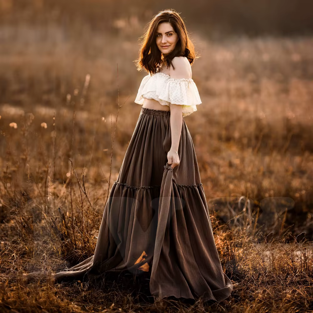 Robe de Grossesse de Style Bohème pour Femme Enceinte, Tenue de Séance Photo, Ensemble Deux Pièces Vintage, Haut en Dentelle et Jupe en Coton et Lin