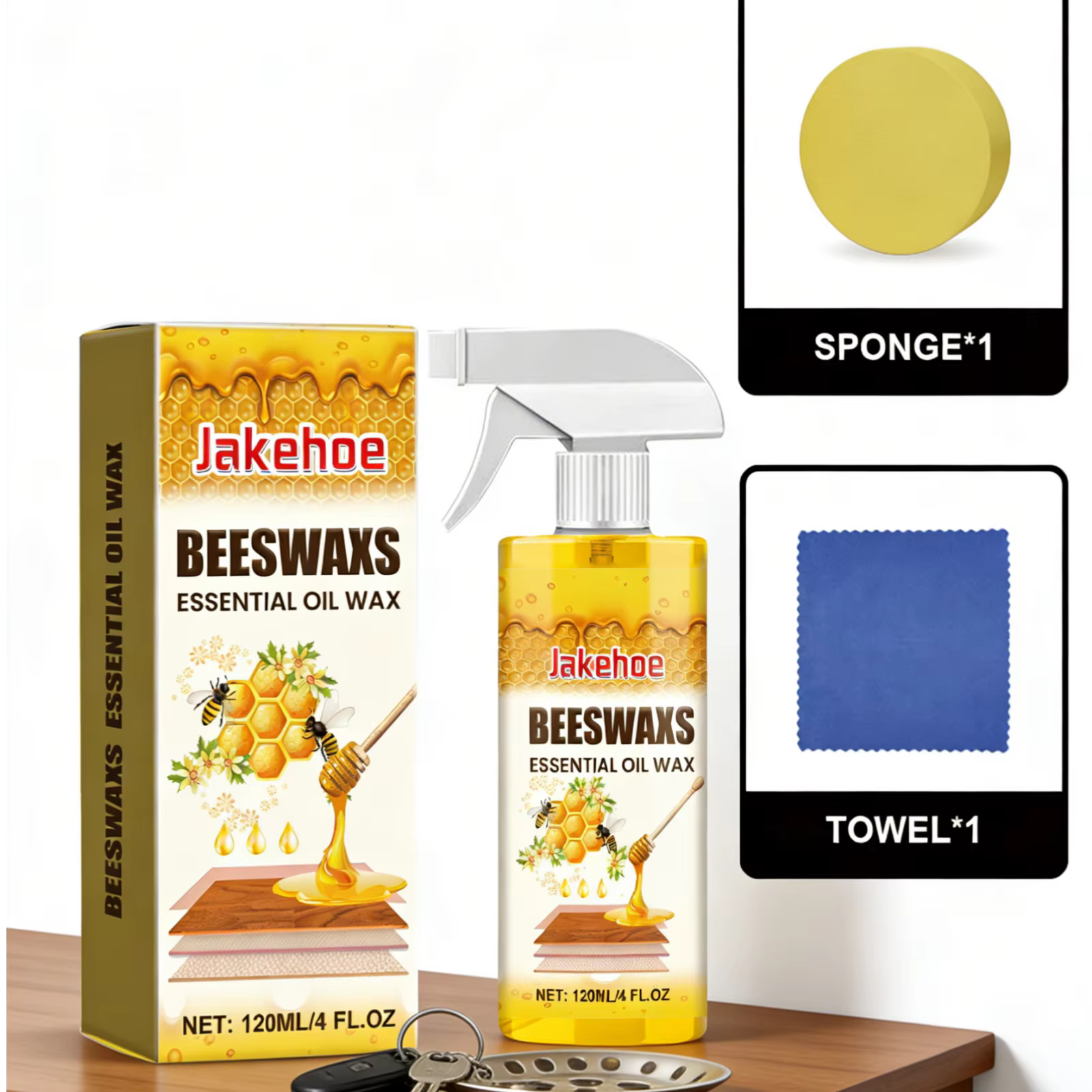 Jakehoe Cire d'abeille et Huile Essentielle pour Portes de Placards, Sols, Élimination des Taches, Nourrissant en Profondeur, Spray Polissant pour Bois avec Éponge et Serviette