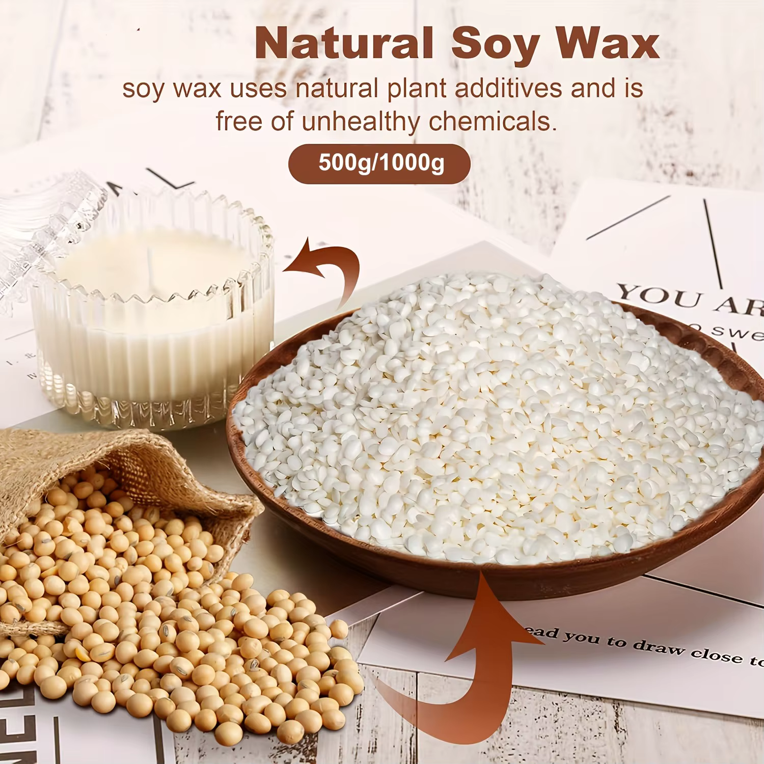 Pellets de cire de soja en sachet de 500/1000g, pellets de cire de soja pure, adaptés comme matières premières pour la fabrication de bougies parfumées DIY, fabrication de bougies