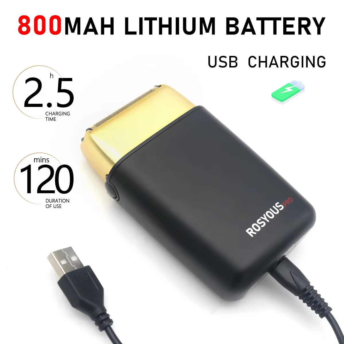 ROSYOUS RS-620 Machine à raser pour hommes Double feuille 10000 tr/min Interface USB sans fil tête d'huile rasoir électrique professionnel
