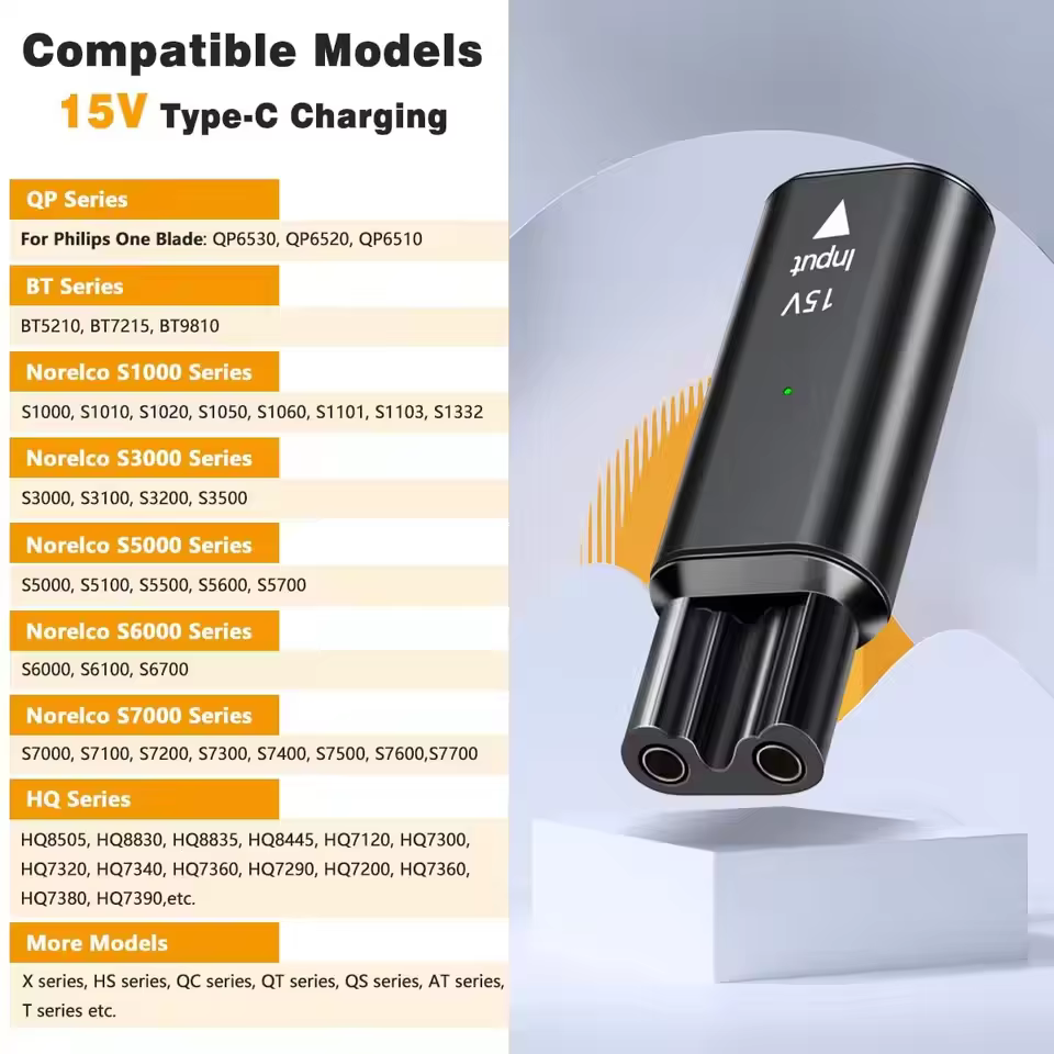 Adaptateur de charge Type-C 15V pour rasoir Philips OneBlade QP6520 QP6530 QP6510 HQ8505 Tondeuse à barbe électrique