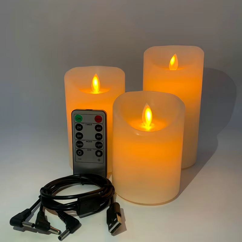 Lot de 3 bougies piliers en cire de paraffine scintillantes rechargeables par USB, télécommandées avec minuterie, mèche mobile et dansante, décoration d'intérieur