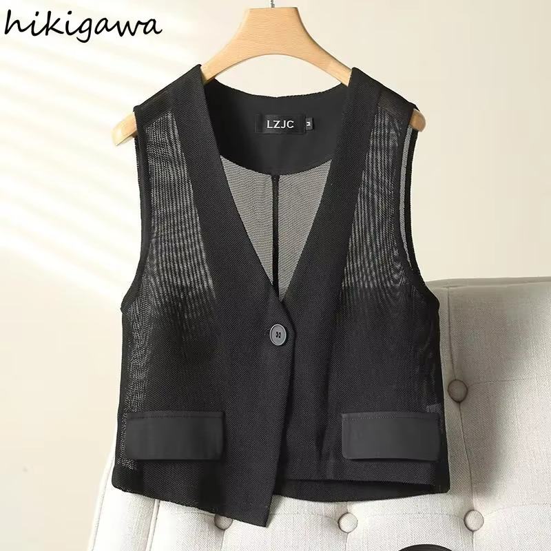 2025 femmes vêtements été mince gilet col en v sans manches gaze réservoirs culture hauts voir à travers la mode gilet Chalecos Para Mujer