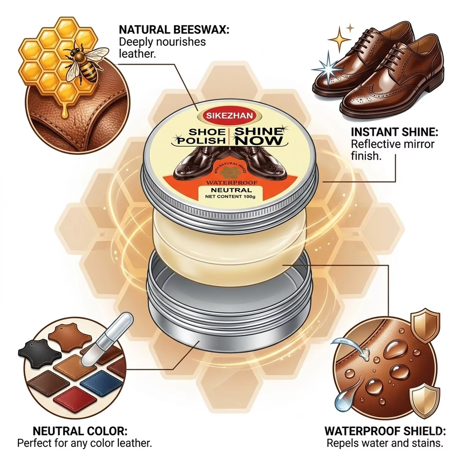 Crème pour cuir à la cire d'abeille de qualité supérieure SIKEZHAN : Conditionneur universel pour bottes et sacs - Restauration professionnelle et brillance instantanée