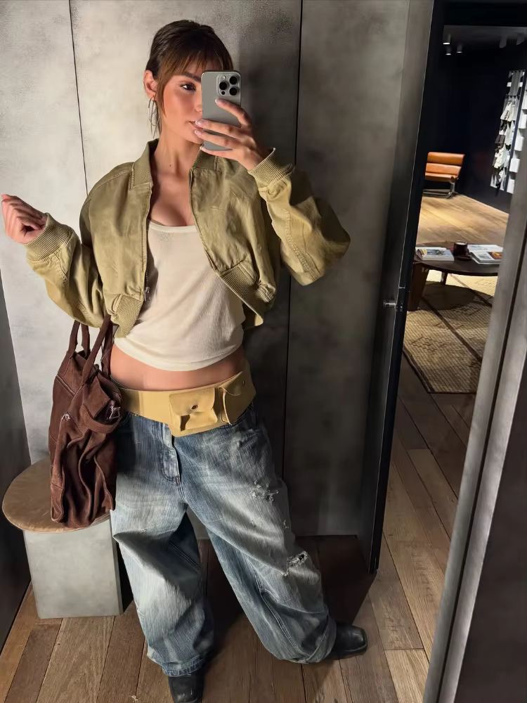Blousons Bomber Courts Kaki pour Femme, Col Revers, Fermeture Éclair Intégrale, Détails Poches, Manches Longues, Style Streetwear Décontracté Y2K