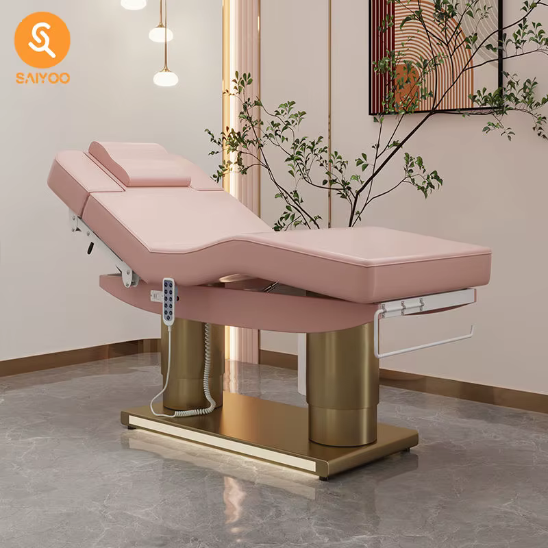Lit de massage de beauté en cuir rose à 4 moteurs de luxe avec base en acier inoxydable à double cylindre