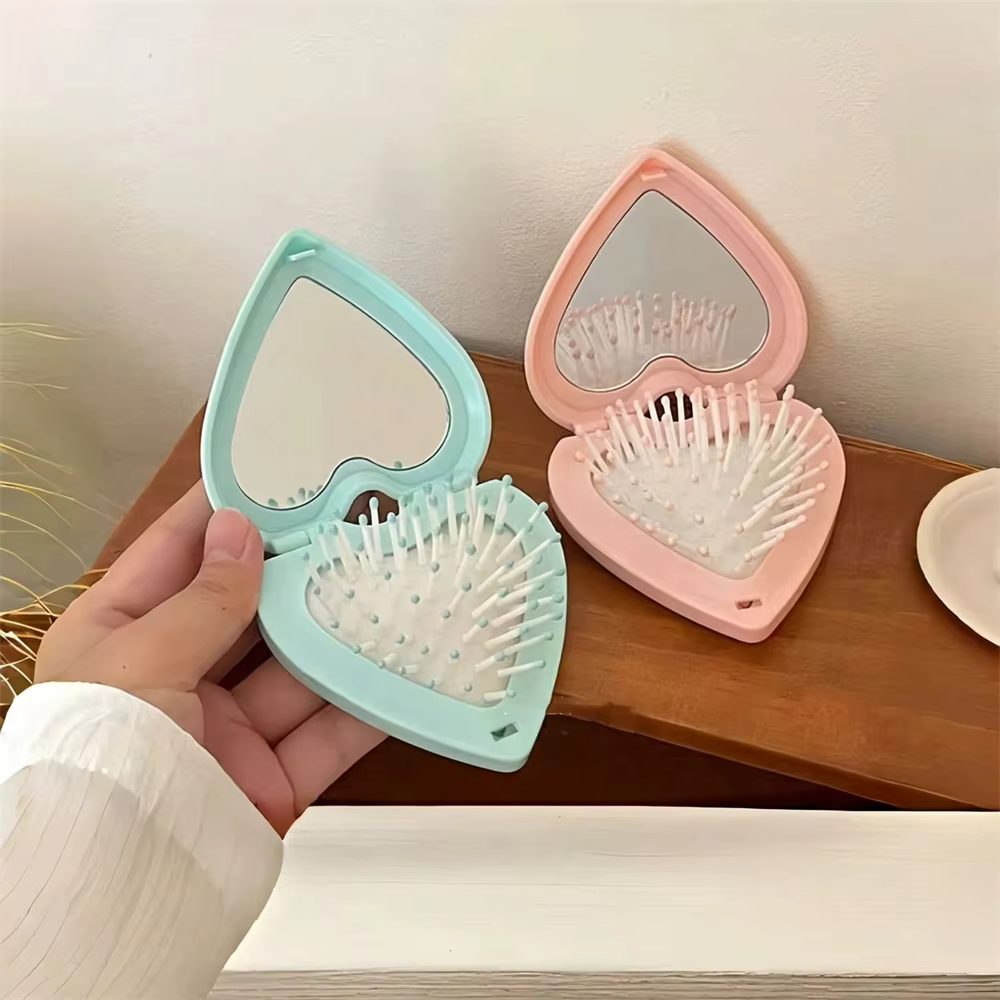 Brosse à cheveux en forme de cœur avec miroir 2 en 1