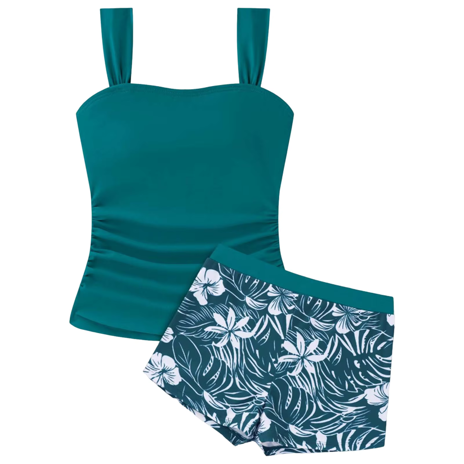 Maillot de bain 2 pièces pour adolescentes 2026 : Haut tankini uni à col carré froncé sur le côté et short – Tenue de plage pour filles