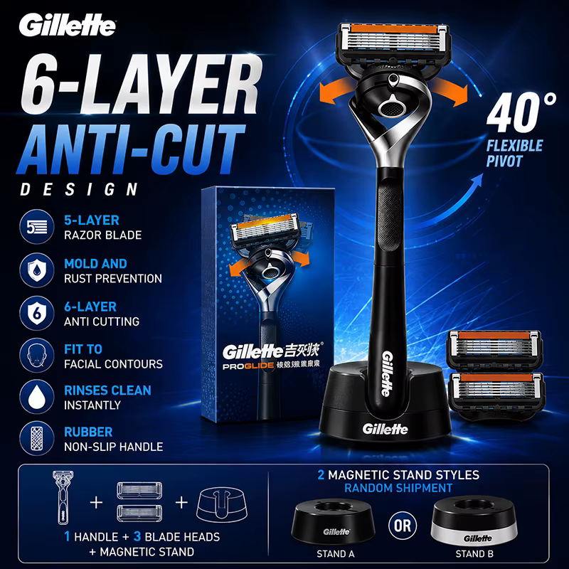 Rasoir Gillette GLA5131FYYL avec poignée antidérapante, lame à 5 couches, rasoir pour hommes, rasoir pour les poils du visage, 3 têtes de rasoir, 1 base