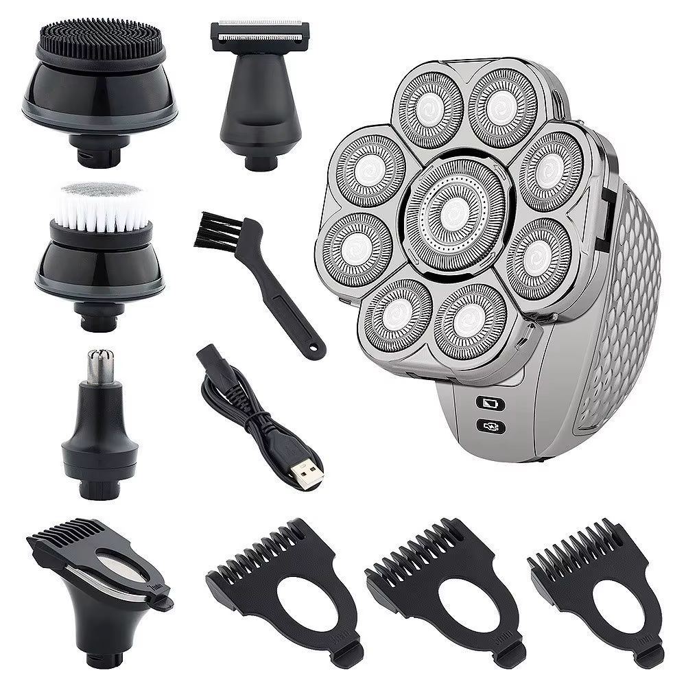 Rasoir électrique multifonctionnel 9 lames flottantes 6-en-1 rechargeable pour la tête chauve