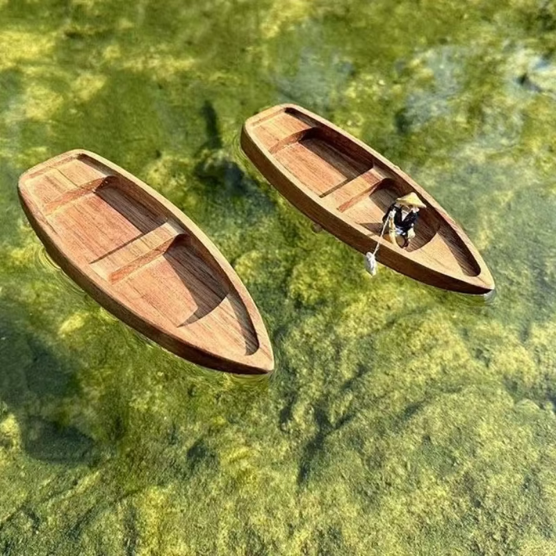 Bateau flottant en bois fait à la main, Mini modèle de bateau de pêche pour chat, Aquarium, étang, aménagement paysager, décoration, accessoires d'aquarium