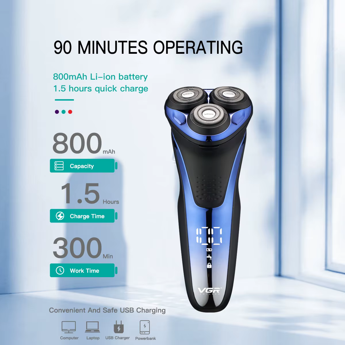 VGR tondeuse tondeuse à barbe pour hommes rasoir electrique homme rasoir homme Rasoir Rasoir électrique Professionnel Machine à raser Flottant Tondeuse à barbe IPX7 Étanche Rechargeable Rasoir pour ho