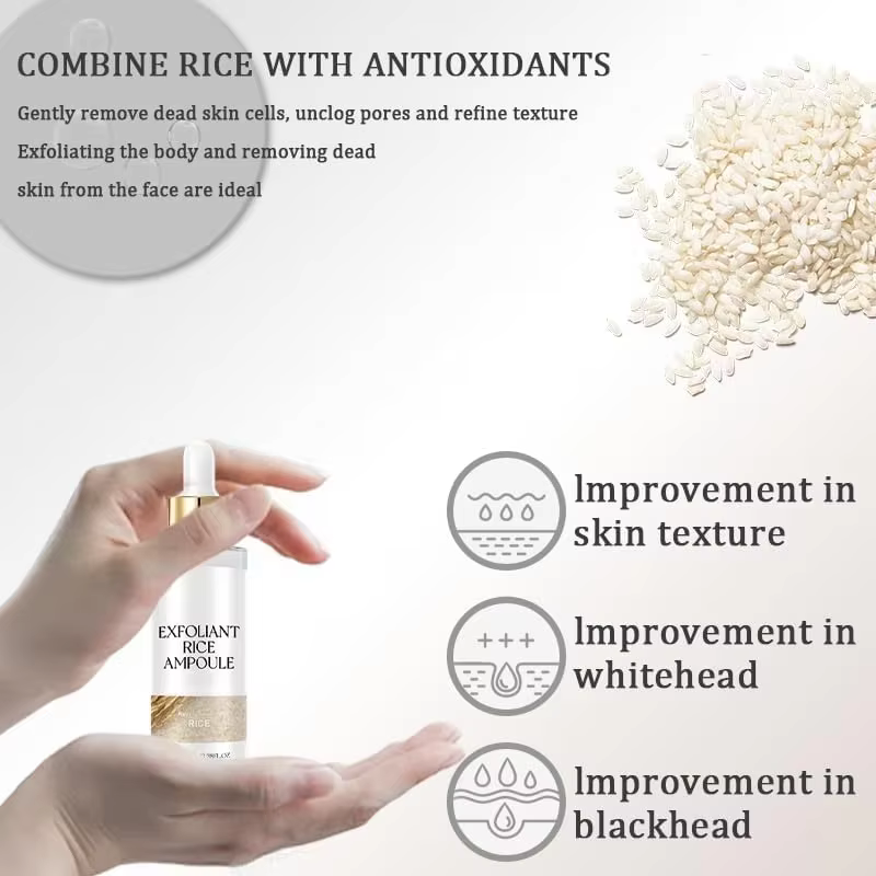 Essence exfoliante de riz noir et blanc, dissolvant de peau morte, réapprovisionnement brillant pour le visage, rétrécissement des pores, acide hyaluronique, sérum éclaircissant