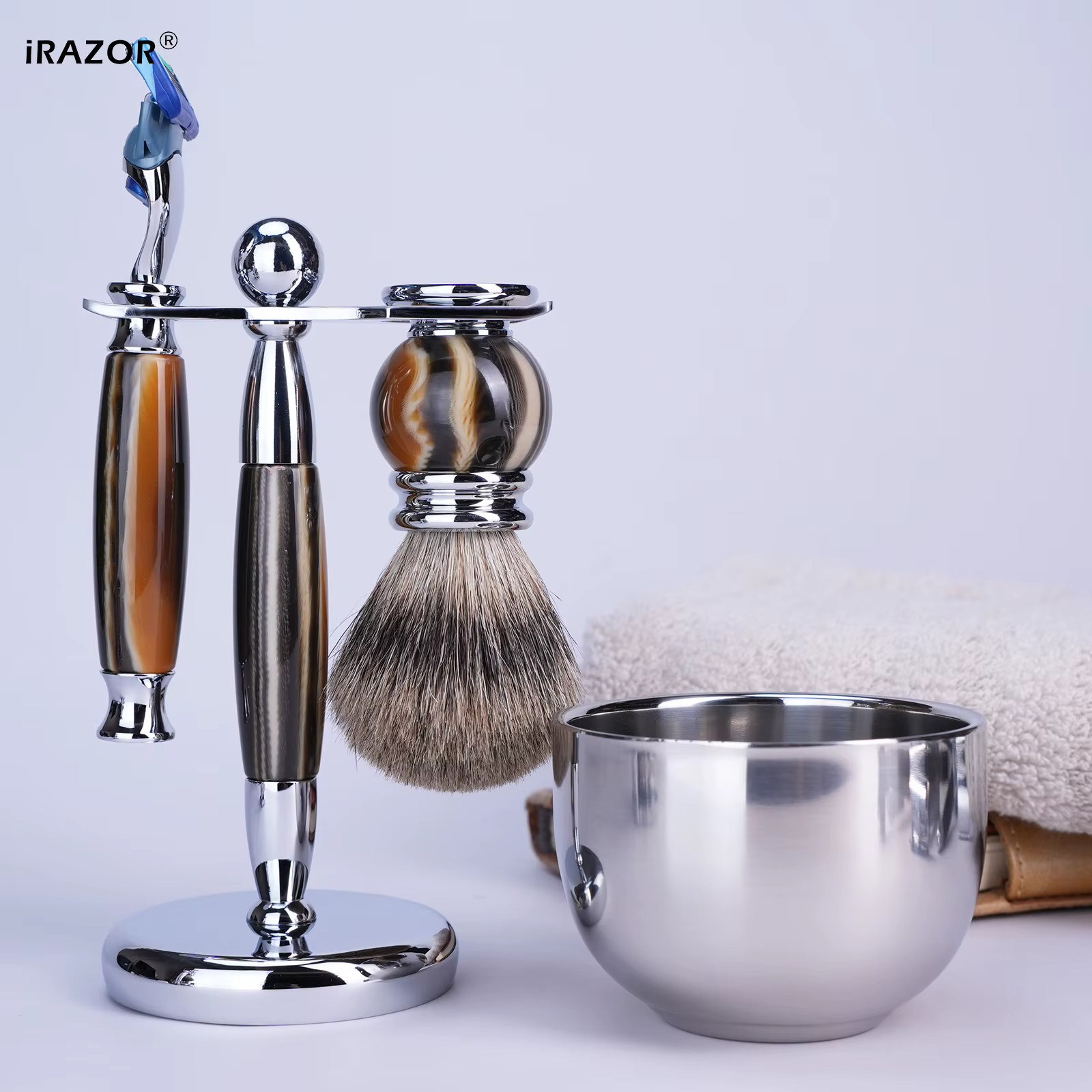 IRAZOR luxe 5 lames F5 Fusion rasoir Kit de rasage pour hommes avec poignée en résine argenté blaireau brosse à cheveux bol outil de toilettage cadeau