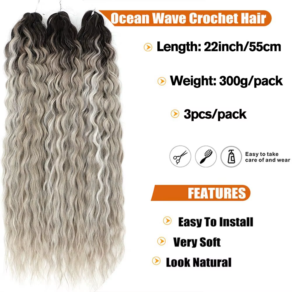 22 "300g Curl Crochet cheveux Ombre gris Orange Blonde synthétique vague d'eau torsion Crochet cheveux Afro boucles tressage Extension de cheveux